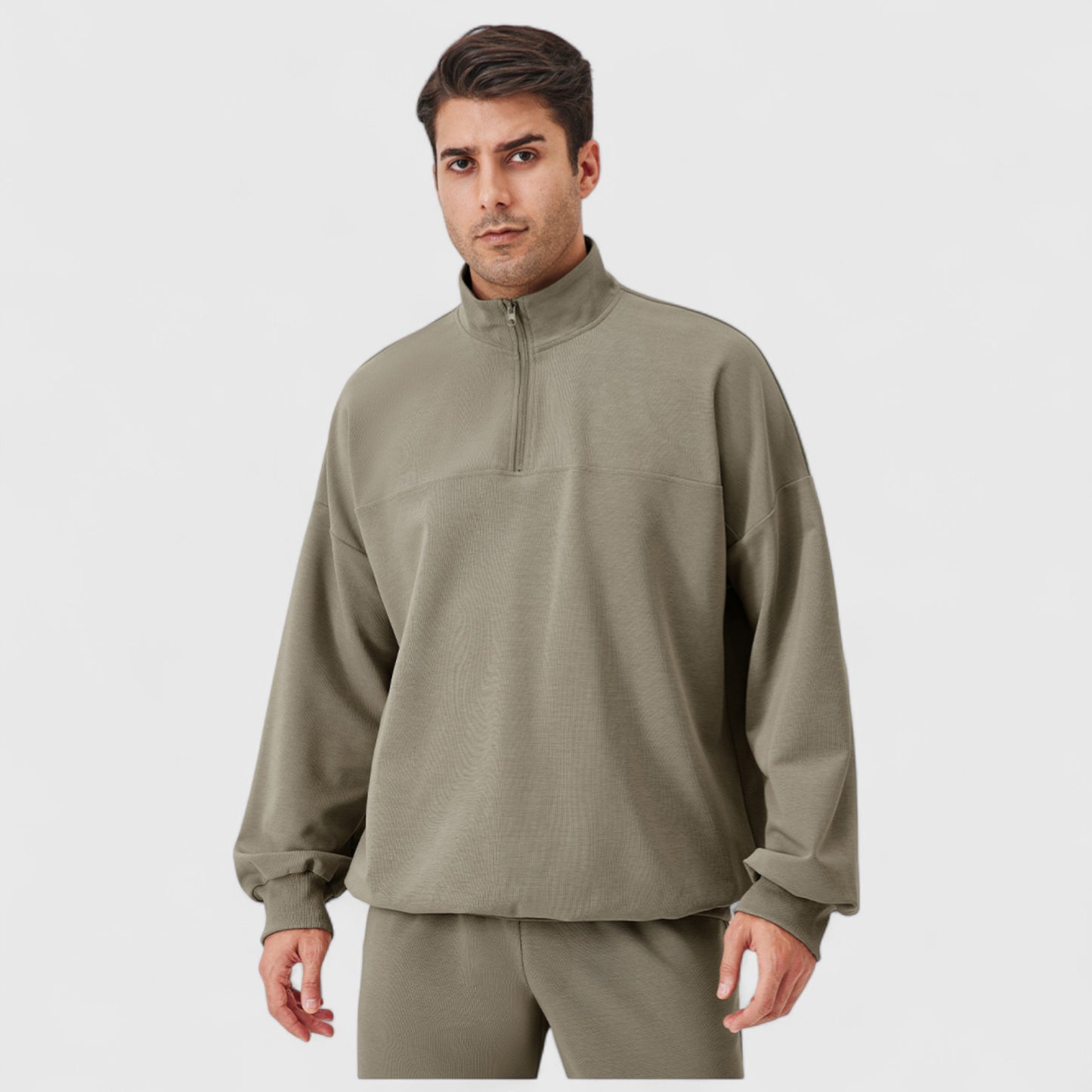 Men's Oversized Quarter Zip Pullover with Drop Shoulders and Ribbed Cuffs for Relaxed Casual Styling