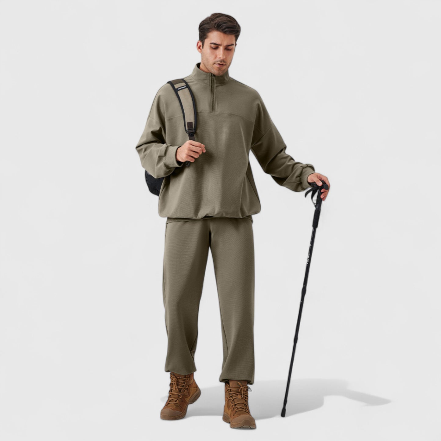 Men's Oversized Quarter Zip Pullover with Drop Shoulders and Ribbed Cuffs for Relaxed Casual Styling