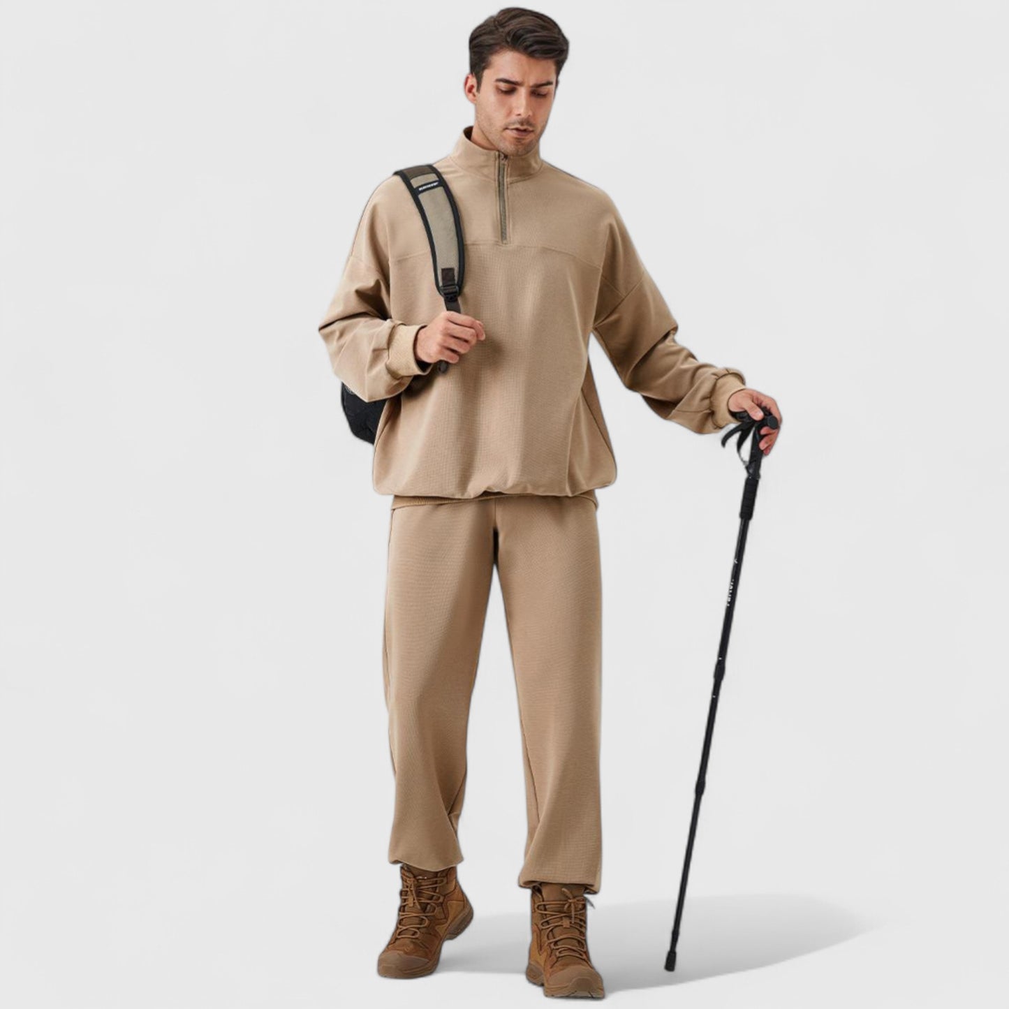 Men's Oversized Quarter Zip Pullover with Drop Shoulders and Ribbed Cuffs for Relaxed Casual Styling