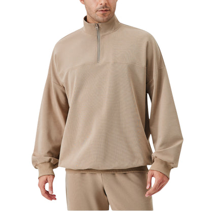 Men's Oversized Quarter Zip Pullover with Drop Shoulders and Ribbed Cuffs for Relaxed Casual Styling