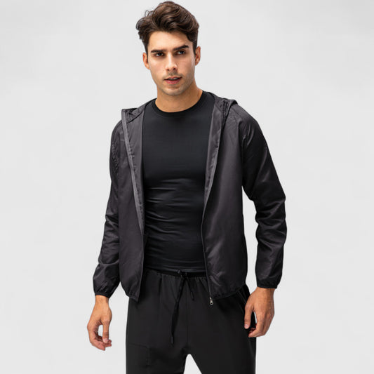 Men's Full Zip Hooded Windbreaker Jacket with Side Pockets and Elastic Cuffs