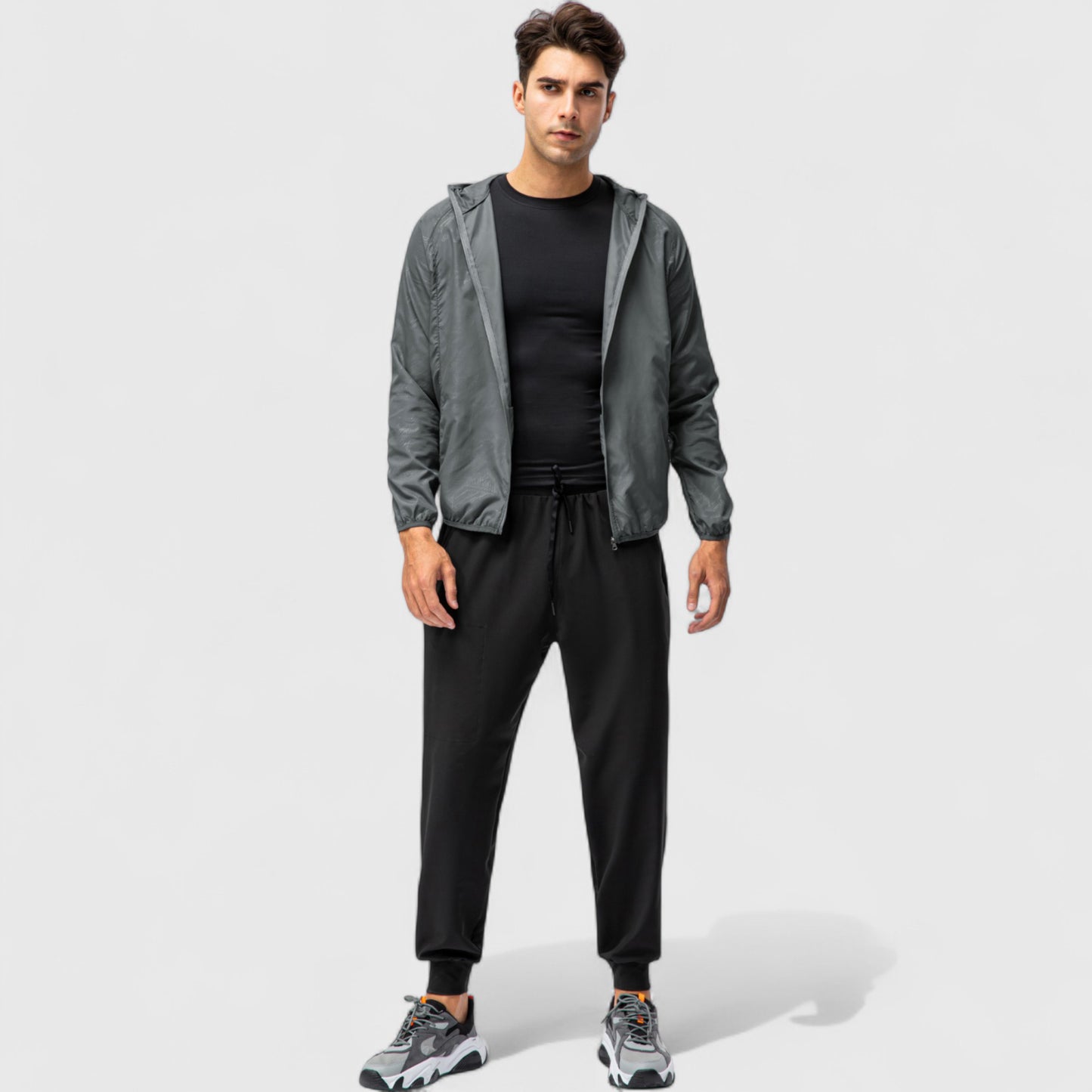 Men's Full Zip Hooded Windbreaker Jacket with Side Pockets and Elastic Cuffs