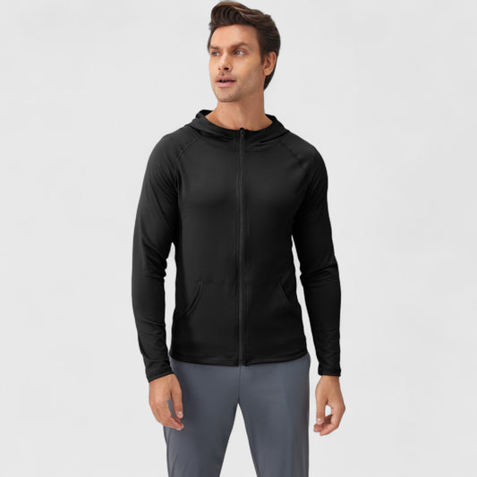 Men's Fitted Full-Zip Hooded Jacket with Front Pockets and Long Sleeves