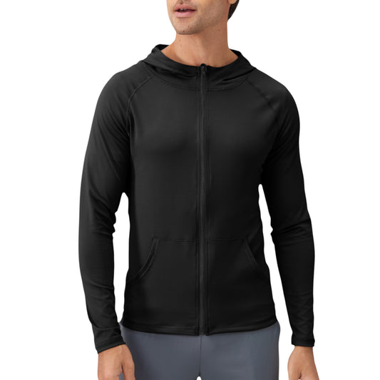 Men's Fitted Full-Zip Hooded Jacket with Front Pockets and Long Sleeves