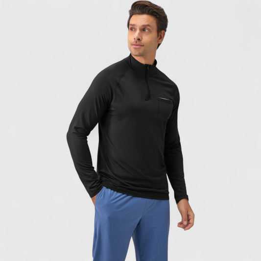 Men's Long Sleeve Quarter-Zip Pullover with Reflective Chest Detail and Slim Fit Design