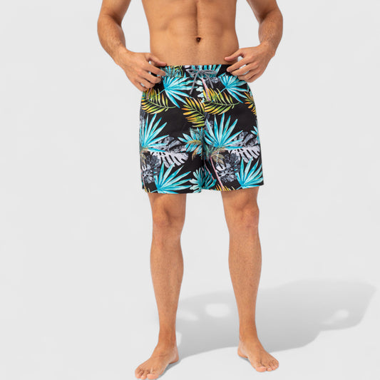 Men's Tropical Print Swim Trunks with Elastic Waistband and Side Pockets