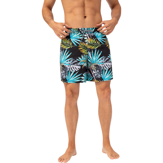 Men's Tropical Print Swim Trunks with Elastic Waistband and Side Pockets