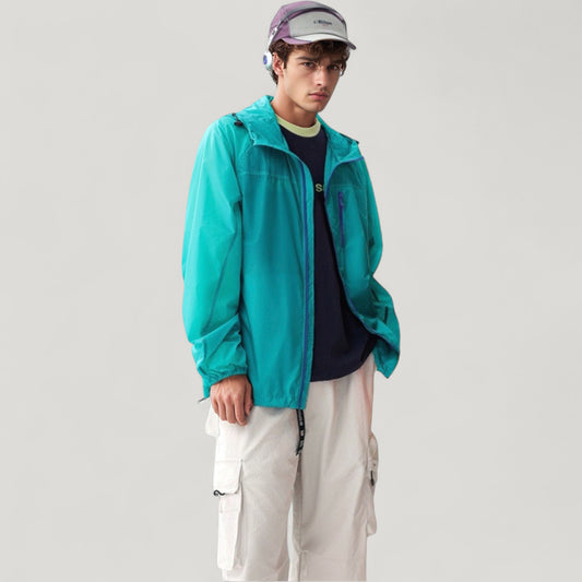 Men's Lightweight Hooded Zip-Up Windbreaker Jacket with Elastic Cuffs