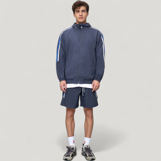 Men's Full Zip Hooded Jacket with Elastic Hem and Contrast Sleeve Stripes