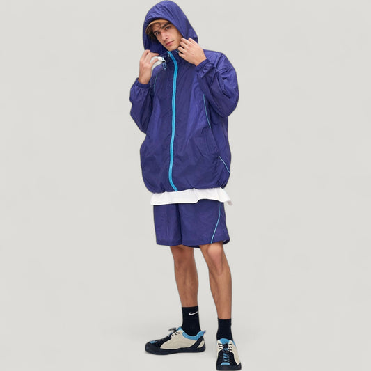 Men's Lightweight Full Zip Hooded Sun Protection Jacket with Contrast Trim and Relaxed Fit