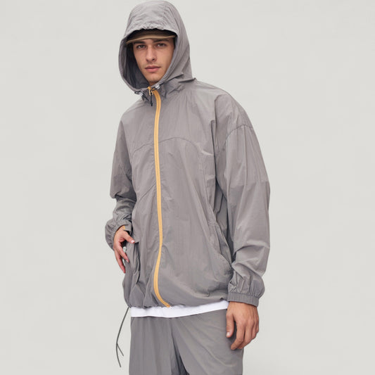 Men's Lightweight Full Zip Hooded Sun Protection Jacket with Adjustable Drawstring and Relaxed Fit