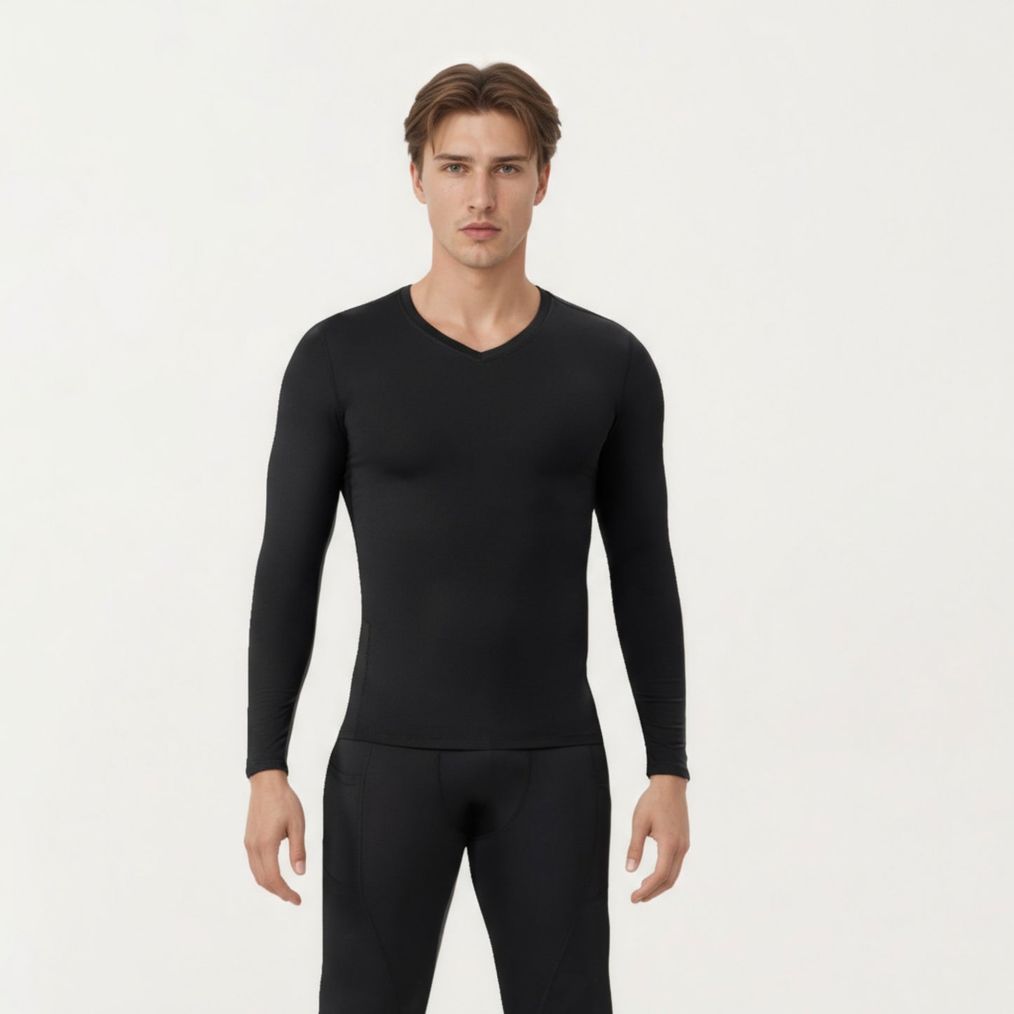 Men's Long Sleeve Compression Athletic Shirt with Stretch Fabric and V-Neck Design