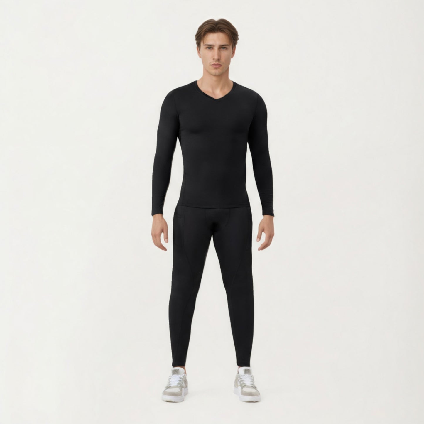 Men's Long Sleeve Compression Athletic Shirt with Stretch Fabric and V-Neck Design