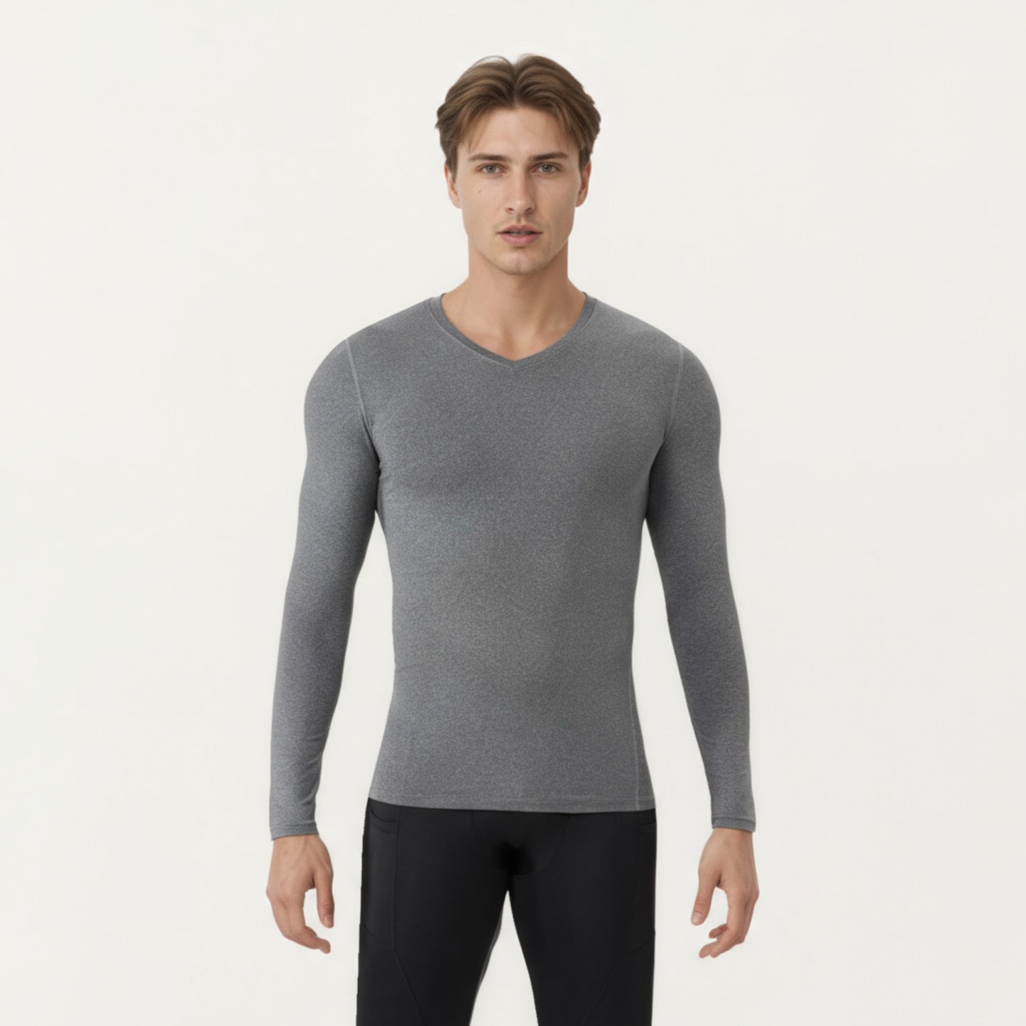 Men's Long Sleeve Compression Athletic Shirt with Stretch Fabric and V-Neck Design