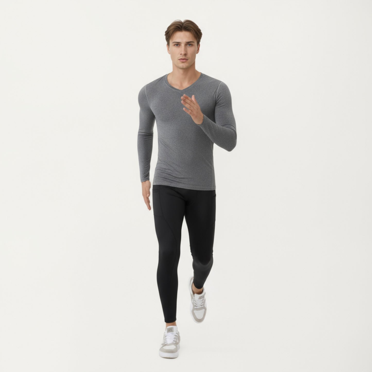 Men's Long Sleeve Compression Athletic Shirt with Stretch Fabric and V-Neck Design