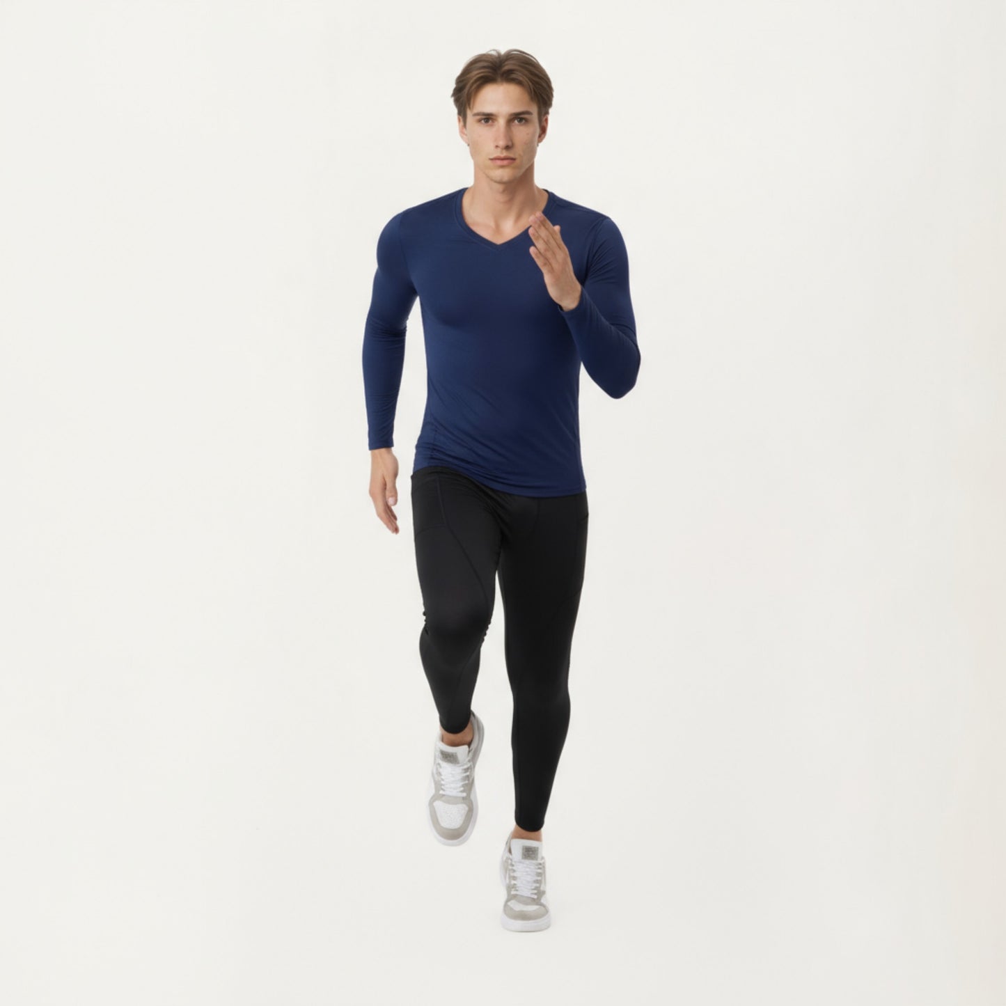 Men's Long Sleeve Compression Athletic Shirt with Stretch Fabric and V-Neck Design
