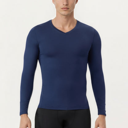 Men's Long Sleeve Compression Athletic Shirt with Stretch Fabric and V-Neck Design
