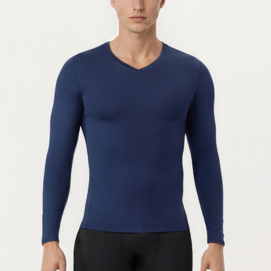 Men's Long Sleeve Compression Athletic Shirt with Stretch Fabric and V-Neck Design