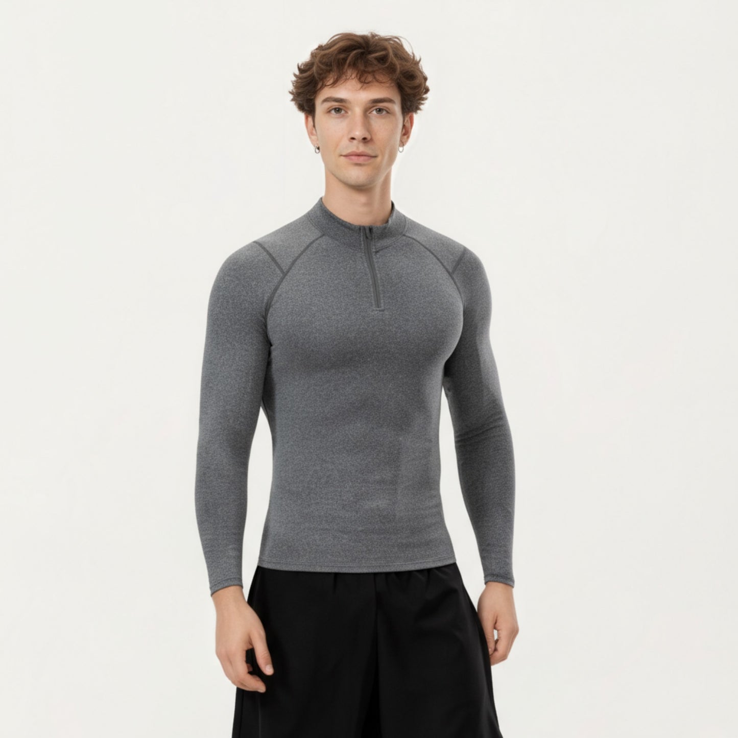 Men's Long Sleeve Quarter Zip Compression Athletic Top with Stretch Fabric and Mock Neck