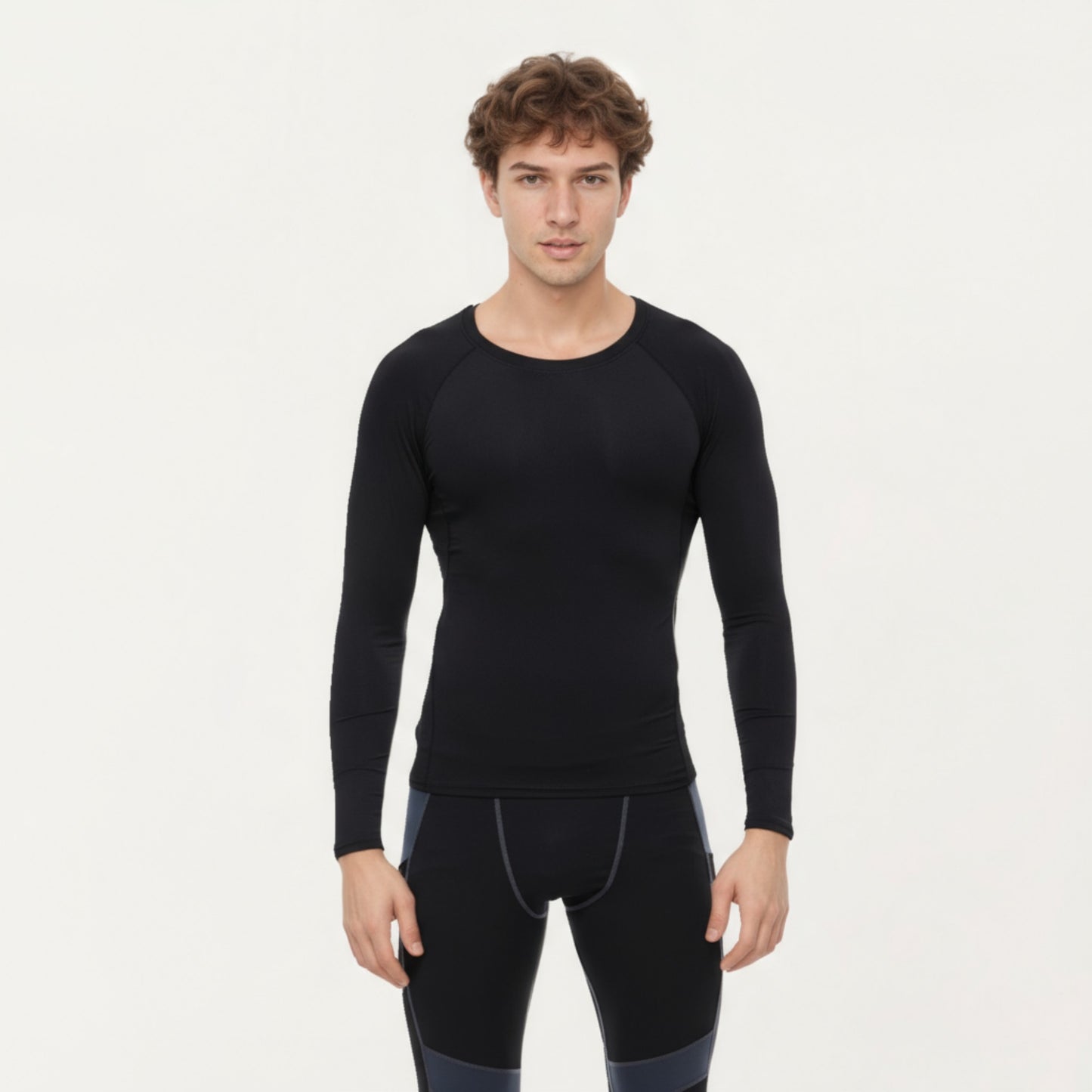 Men's Long Sleeve Crew Neck Compression Shirt with Stretch Fabric and Athletic Fit