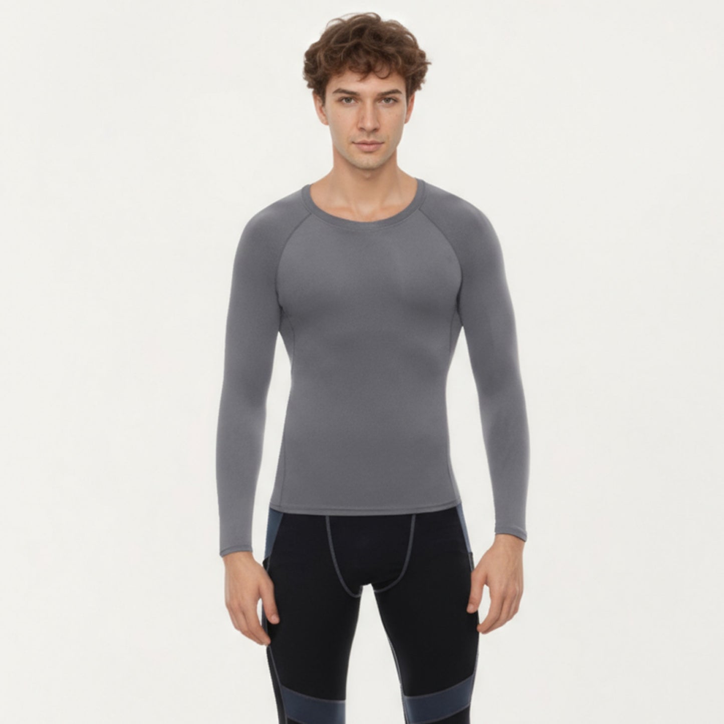 Men's Long Sleeve Crew Neck Compression Shirt with Stretch Fabric and Athletic Fit