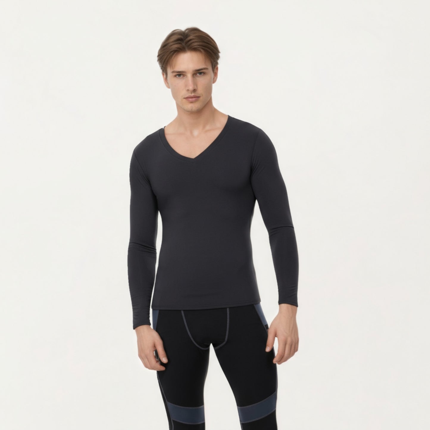 Men's Long Sleeve V-Neck Compression Shirt with Stretch Performance Fabric and Athletic Fit