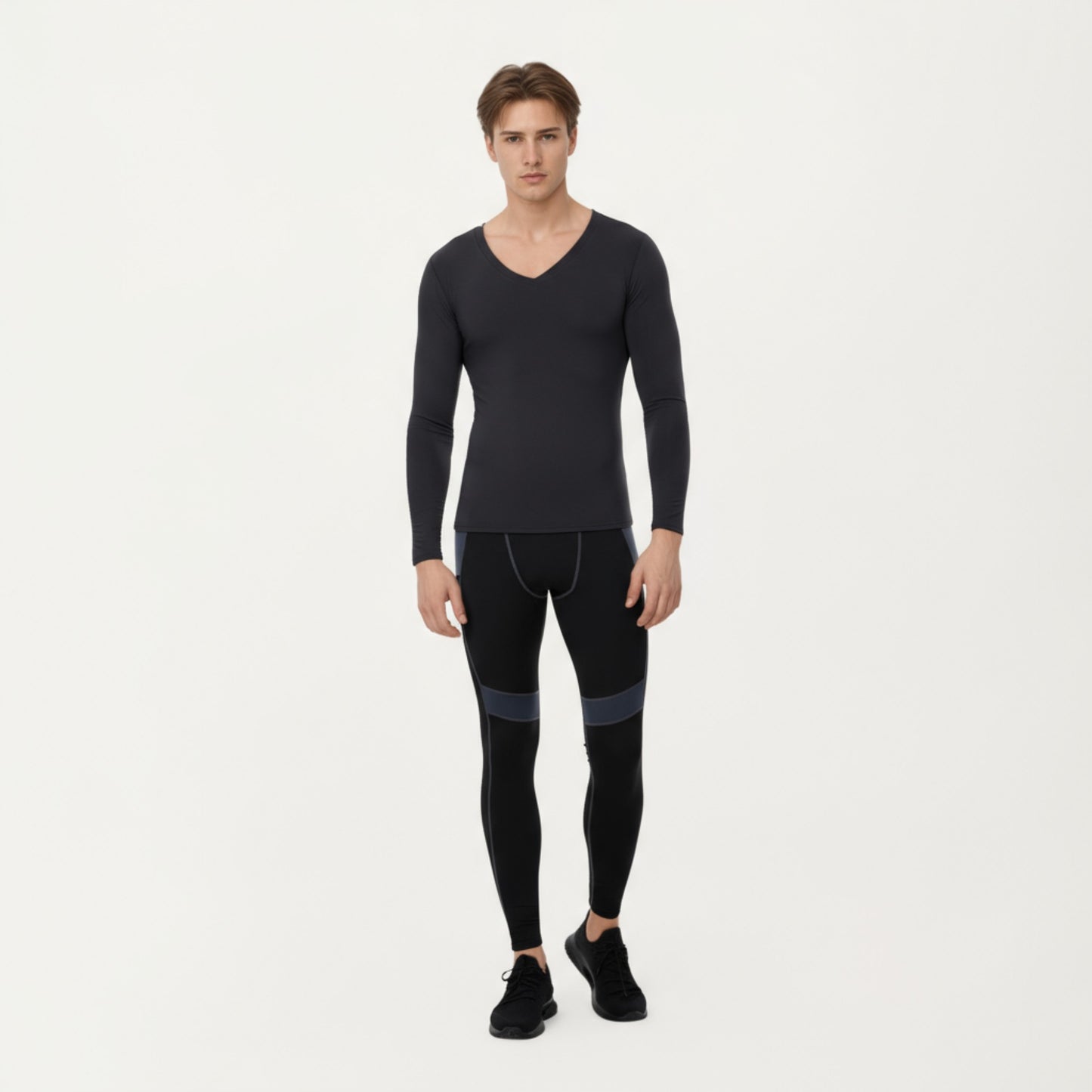 Men's Long Sleeve V-Neck Compression Shirt with Stretch Performance Fabric and Athletic Fit