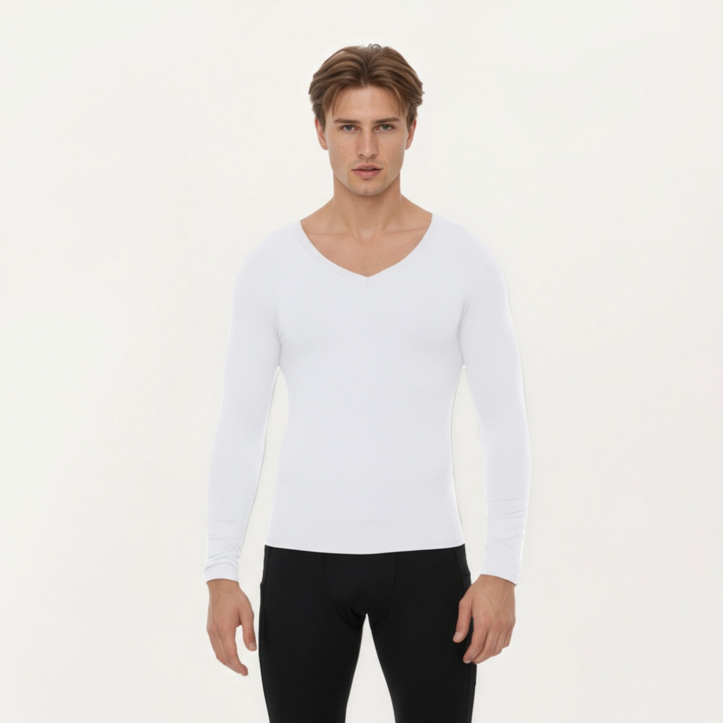Men's Long Sleeve V-Neck Compression Shirt with Stretch Performance Fabric and Athletic Fit