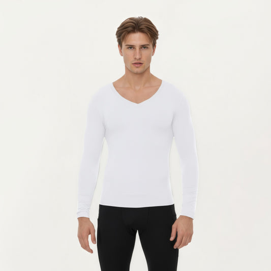 Men's Long Sleeve V-Neck Compression Shirt with Stretch Performance Fabric and Athletic Fit