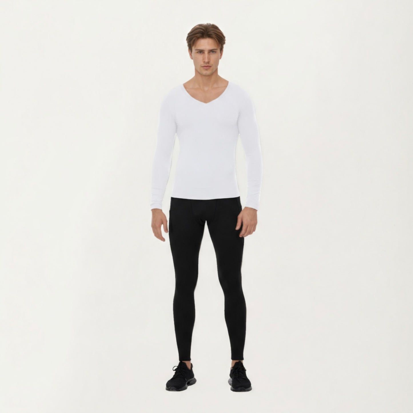 Men's Long Sleeve V-Neck Compression Shirt with Stretch Performance Fabric and Athletic Fit