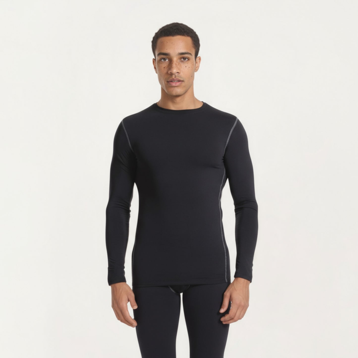 Men's Long Sleeve Crew Neck Compression Athletic Top with Stretch Fabric and Contrast Stitching