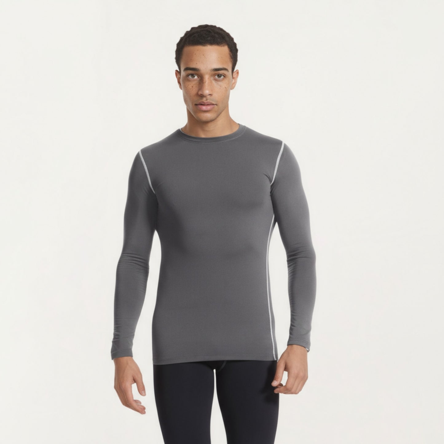Men's Long Sleeve Crew Neck Compression Athletic Top with Stretch Fabric and Contrast Stitching