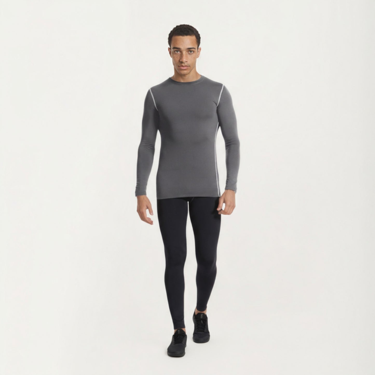 Men's Long Sleeve Crew Neck Compression Athletic Top with Stretch Fabric and Contrast Stitching