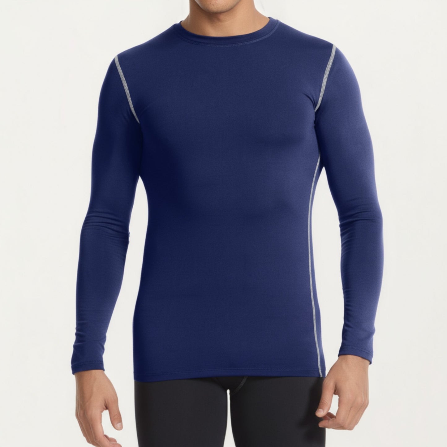 Men's Long Sleeve Crew Neck Compression Athletic Top with Stretch Fabric and Contrast Stitching