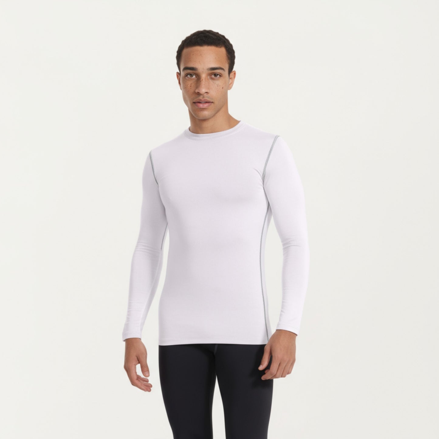 Men's Long Sleeve Crew Neck Compression Athletic Top with Stretch Fabric and Contrast Stitching