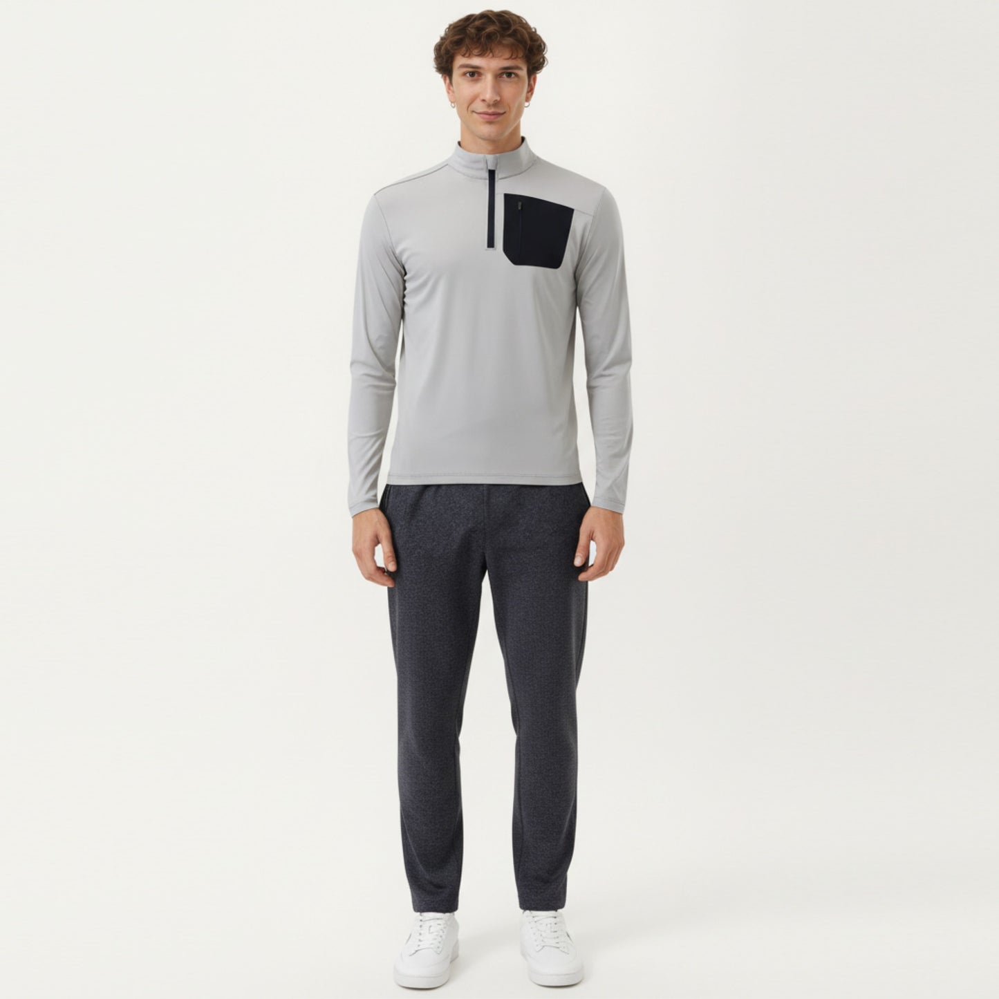 Men's Long Sleeve Half Zip Performance Top with Secure Chest Pocket and Stretch Knit Fabric