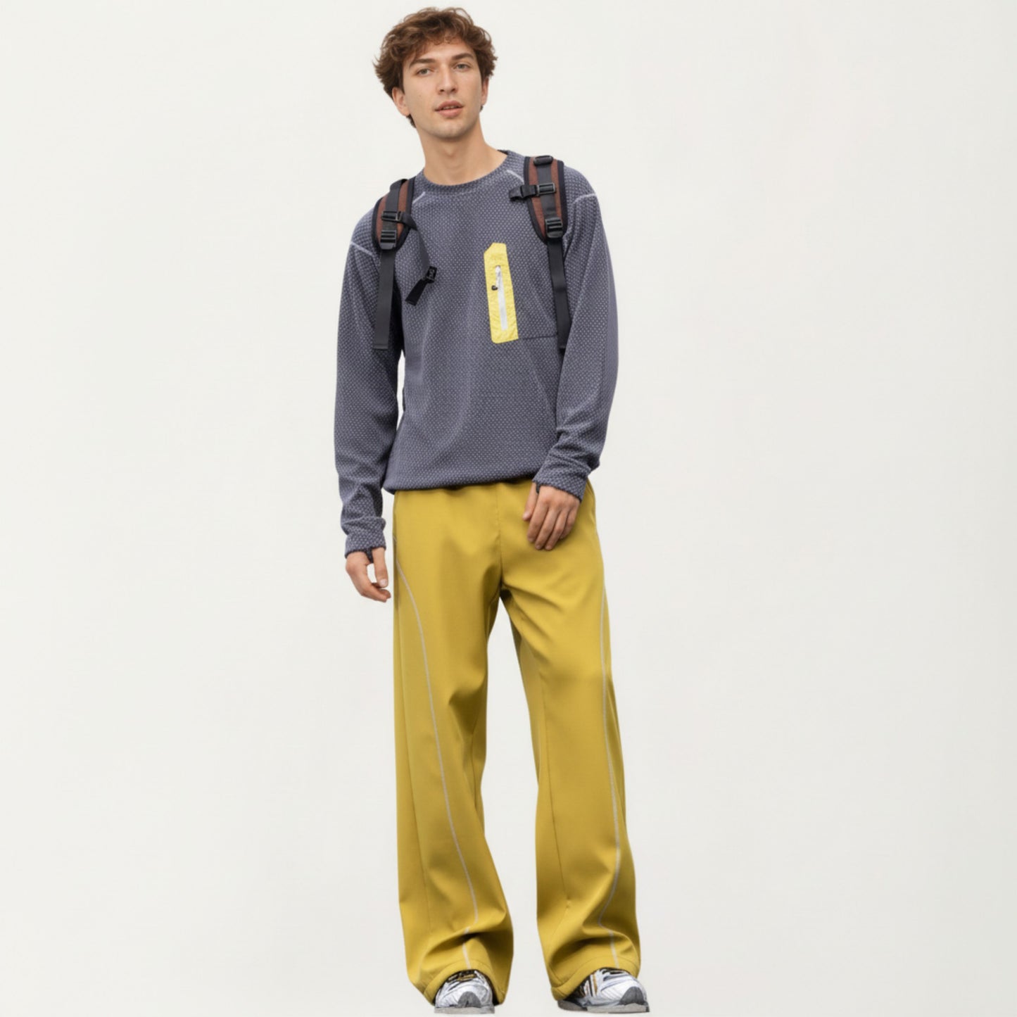 Men's Long Sleeve Crew Neck Pullover Top with Textured Knit Fabric and Zipper Chest Pocket