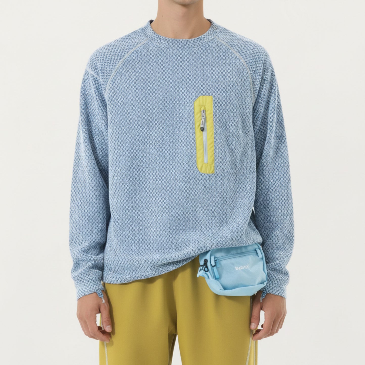 Men's Long Sleeve Crew Neck Pullover Top with Textured Knit Fabric and Zipper Chest Pocket