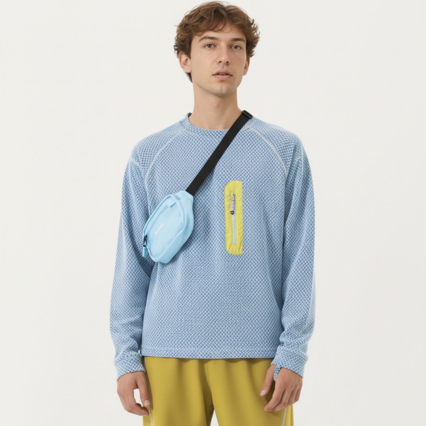 Men's Long Sleeve Crew Neck Pullover Top with Textured Knit Fabric and Zipper Chest Pocket
