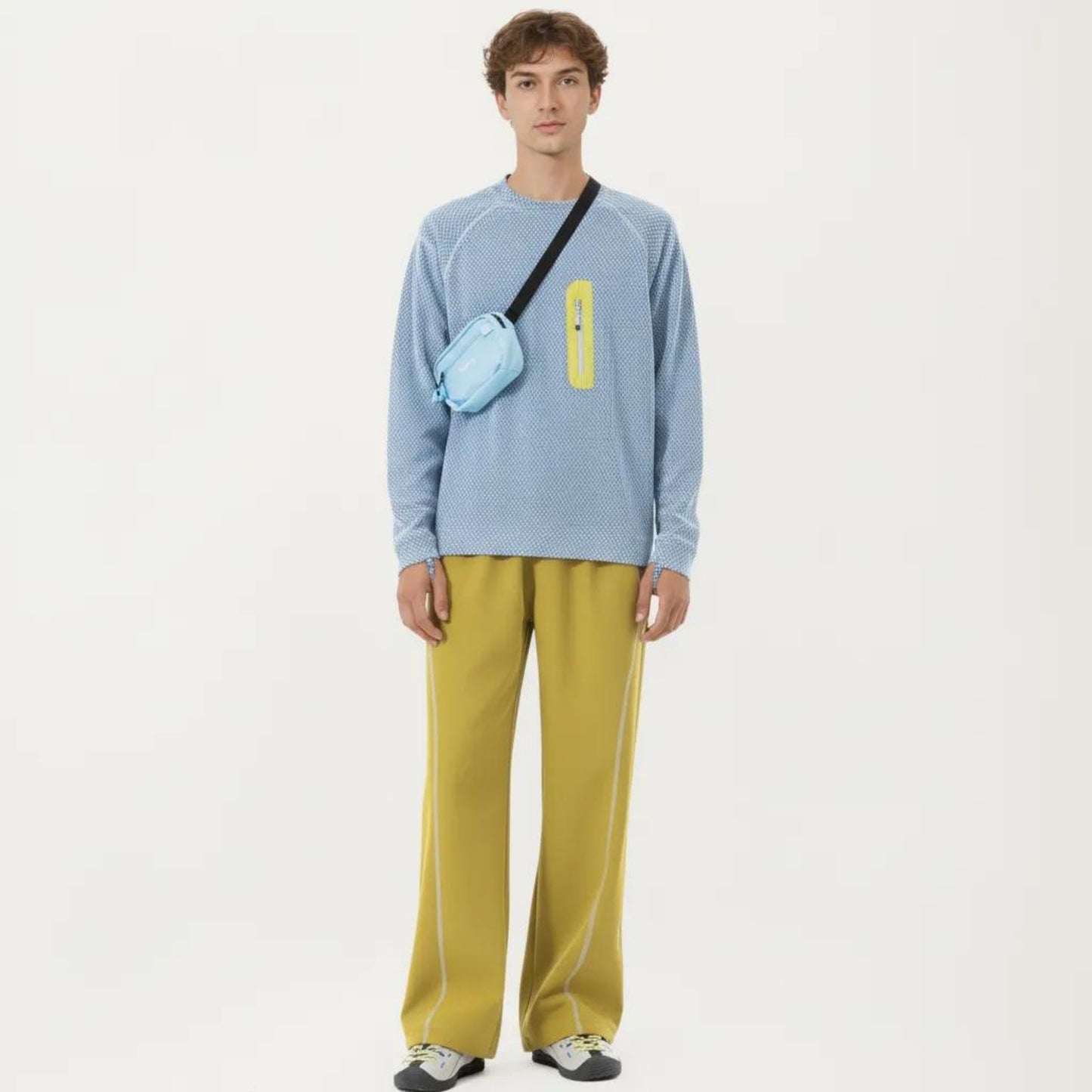 Men's Long Sleeve Crew Neck Pullover Top with Textured Knit Fabric and Zipper Chest Pocket