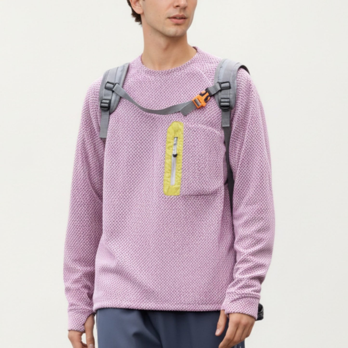 Men's Long Sleeve Crew Neck Pullover Top with Textured Knit Fabric and Zipper Chest Pocket