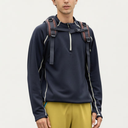 Men's Long Sleeve Half Zip Pullover Top with Textured Knit Fabric and Contrast Seam Detailing