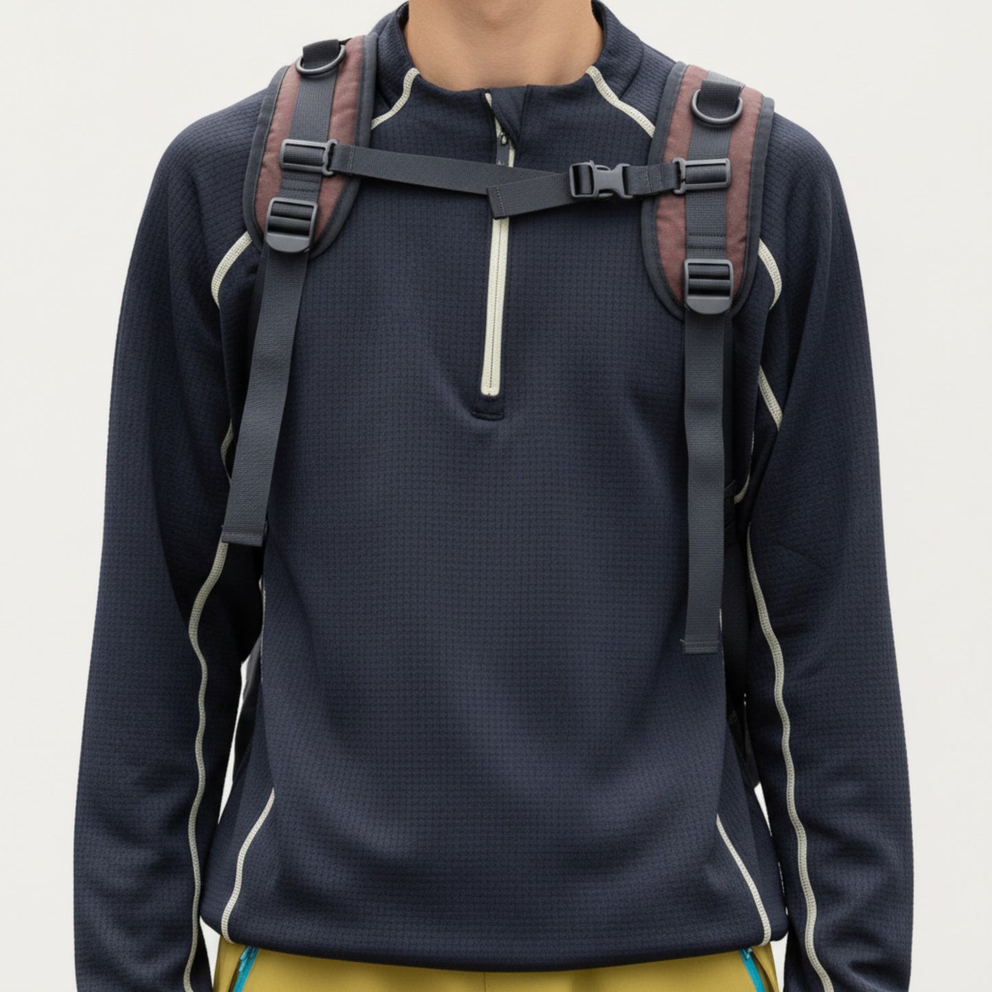 Men's Long Sleeve Half Zip Pullover Top with Textured Knit Fabric and Contrast Seam Detailing