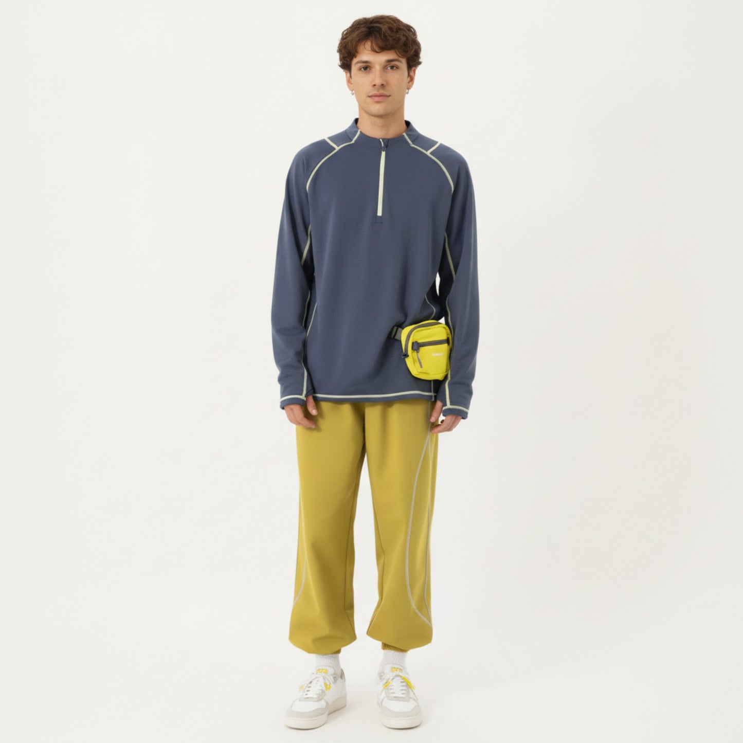 Men's Long Sleeve Half Zip Pullover Top with Textured Knit Fabric and Contrast Seam Detailing