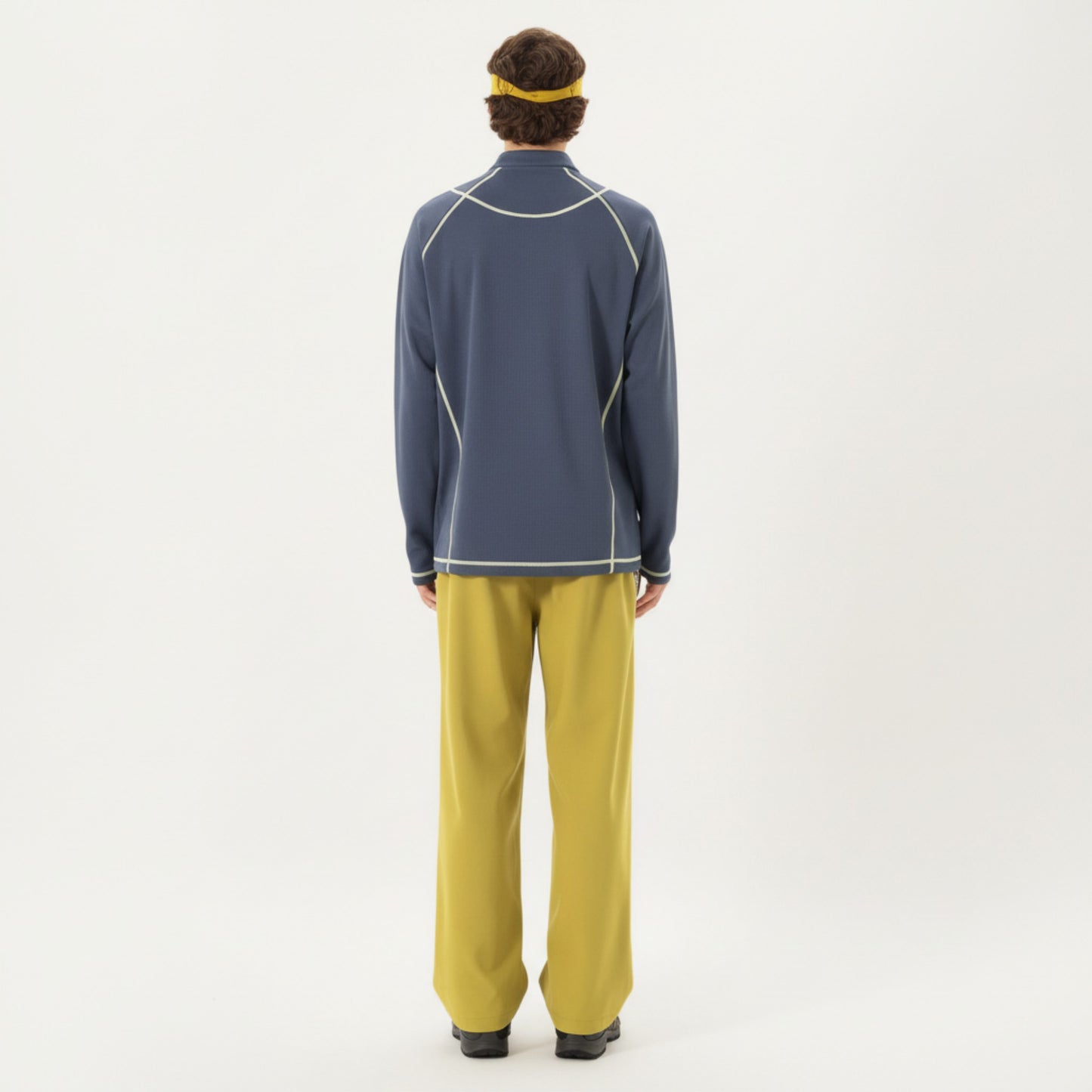 Men's Long Sleeve Half Zip Pullover Top with Textured Knit Fabric and Contrast Seam Detailing