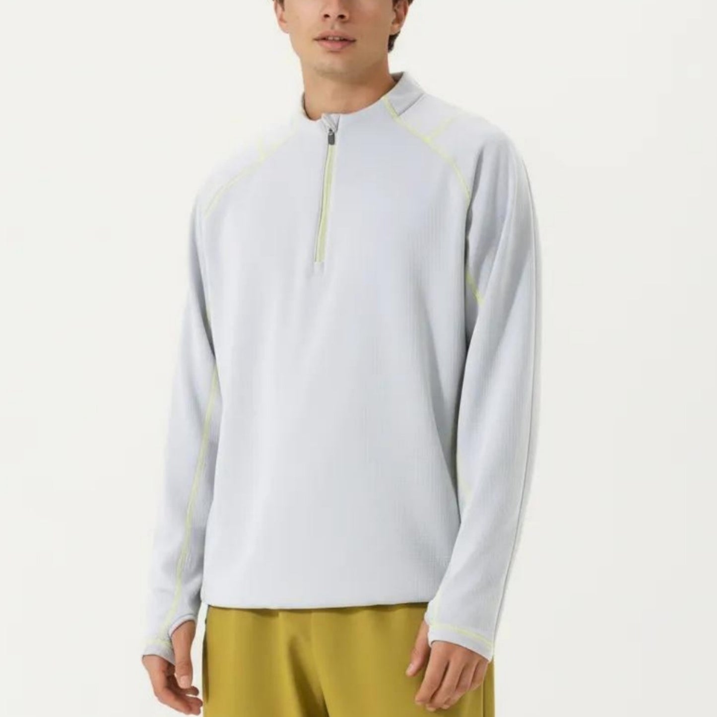 Men's Long Sleeve Half Zip Pullover Top with Textured Knit Fabric and Contrast Seam Detailing