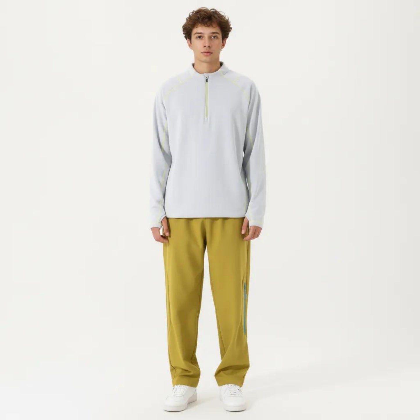 Men's Long Sleeve Half Zip Pullover Top with Textured Knit Fabric and Contrast Seam Detailing