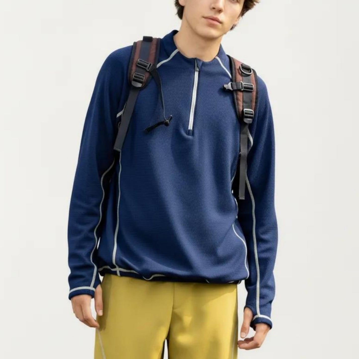 Men's Long Sleeve Half Zip Pullover Top with Textured Knit Fabric and Contrast Seam Detailing