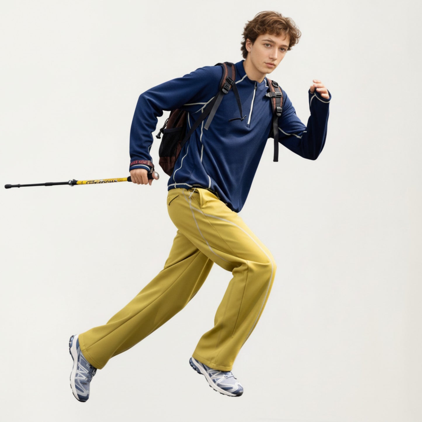 Men's Long Sleeve Half Zip Pullover Top with Textured Knit Fabric and Contrast Seam Detailing