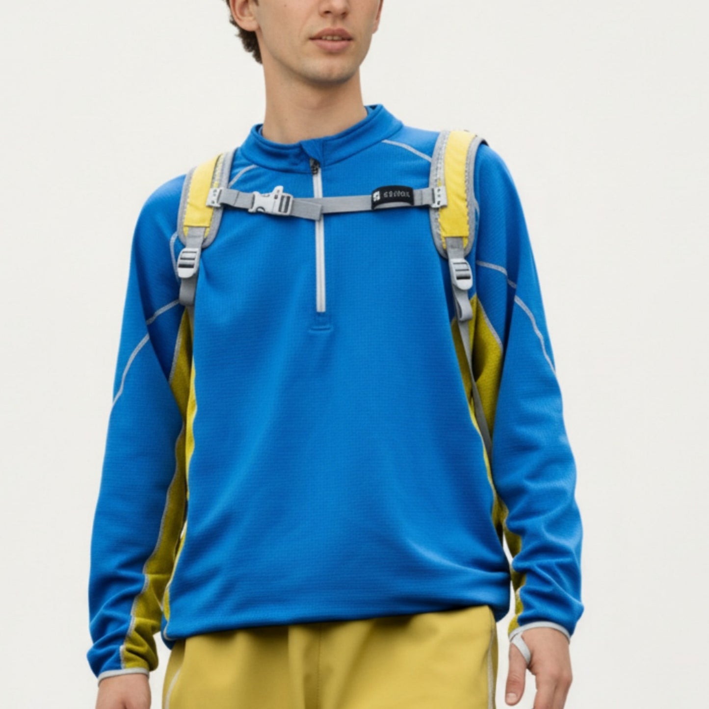 Men's Long Sleeve Half Zip Pullover Top with Textured Knit Fabric and Contrast Panel Detailing